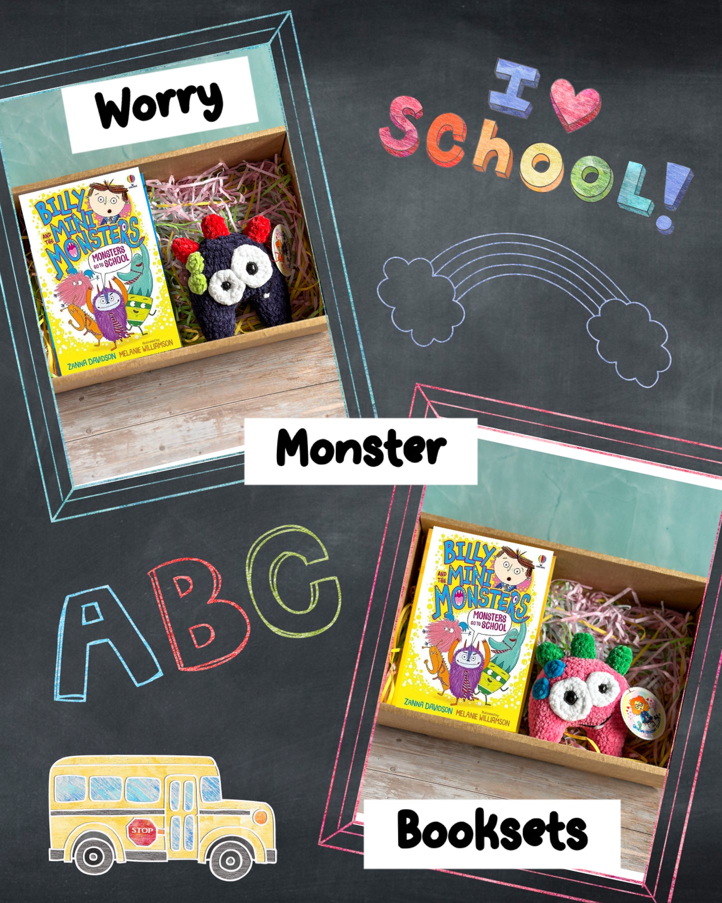 A collage-style promotional graphic showing two booksets in cardboard gift boxes on a chalkboard background. The booksets contain colourful children's books and plush monster toys.