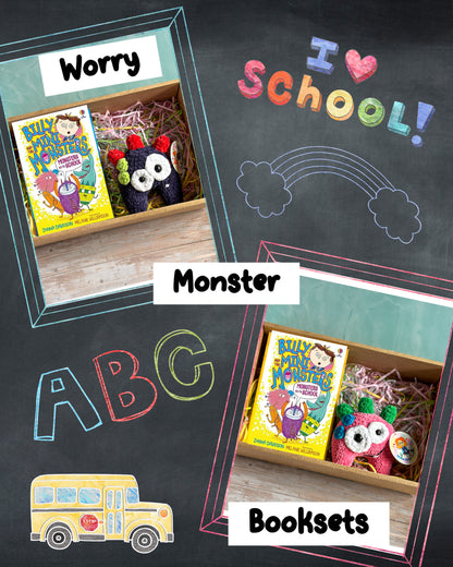 A collage-style promotional graphic showing two booksets in cardboard gift boxes on a chalkboard background. The booksets contain colourful children's books and plush monster toys.
