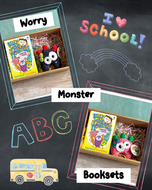 A collage-style promotional graphic showing two booksets in cardboard gift boxes on a chalkboard background. The booksets contain colourful children's books and plush monster toys.