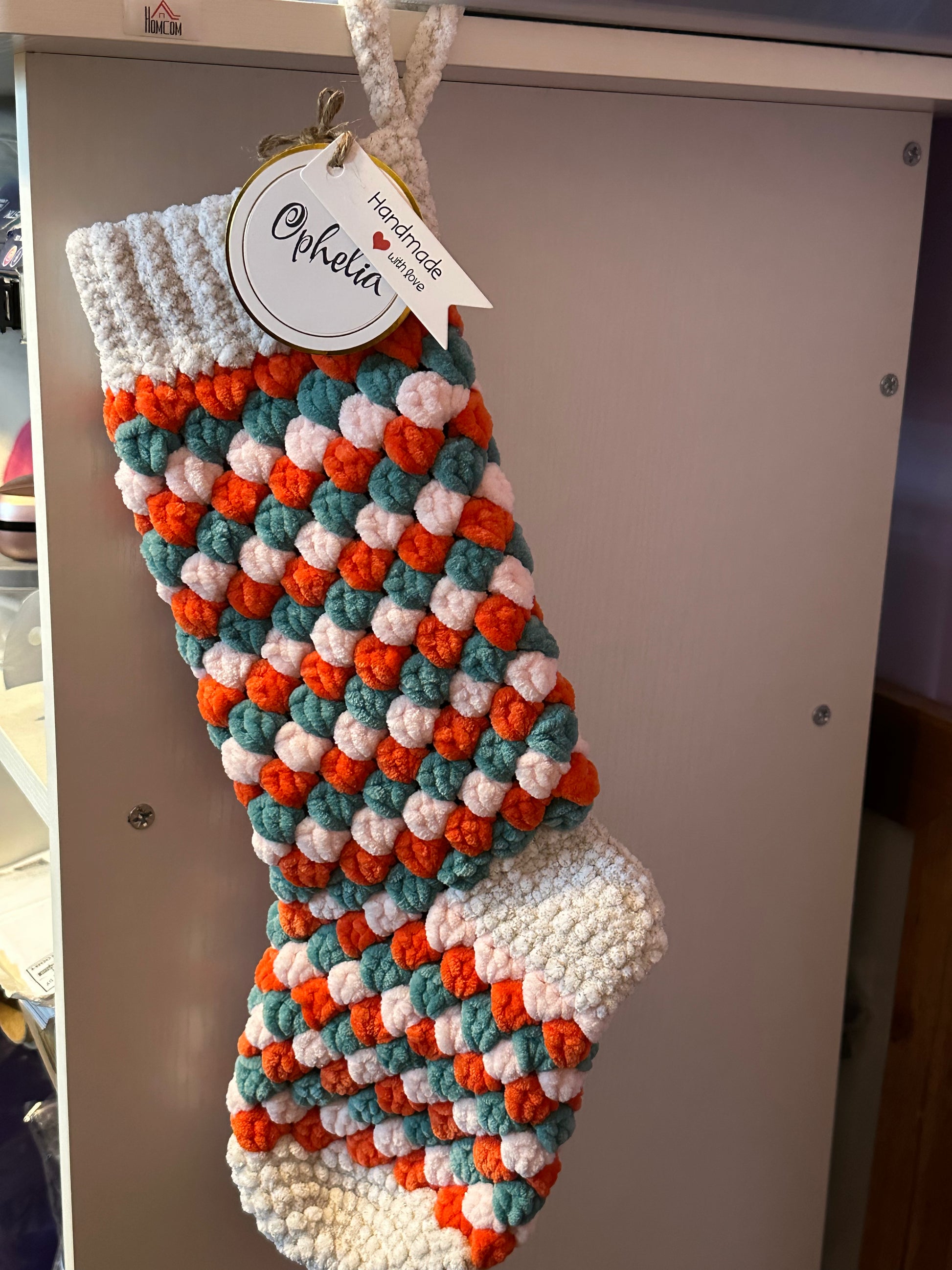 The Perfect Stocking for Ophelia! Orange, teal, pink and sparkly beige/gold. 