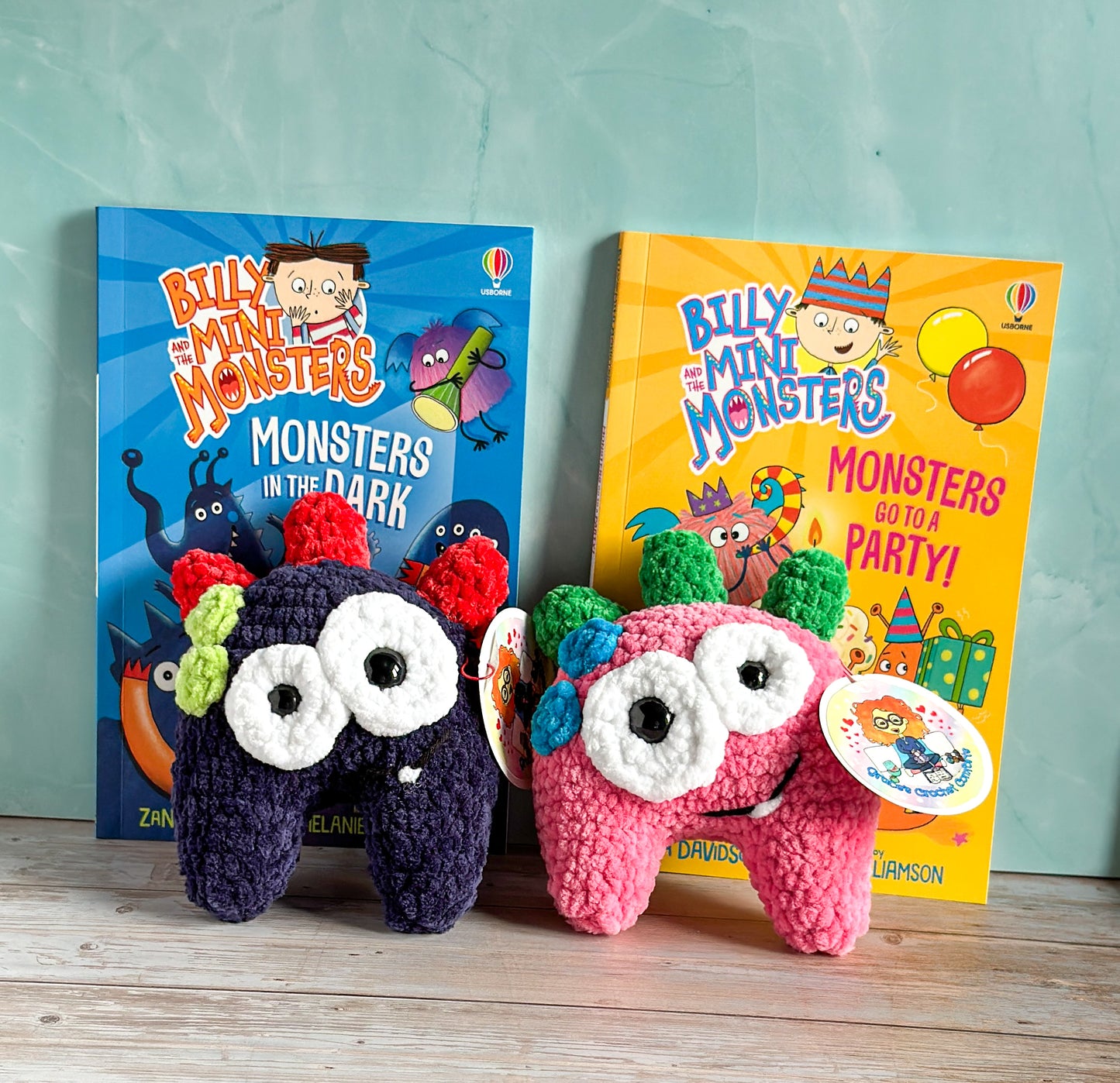 Navy and Pink Monster Options and books in background